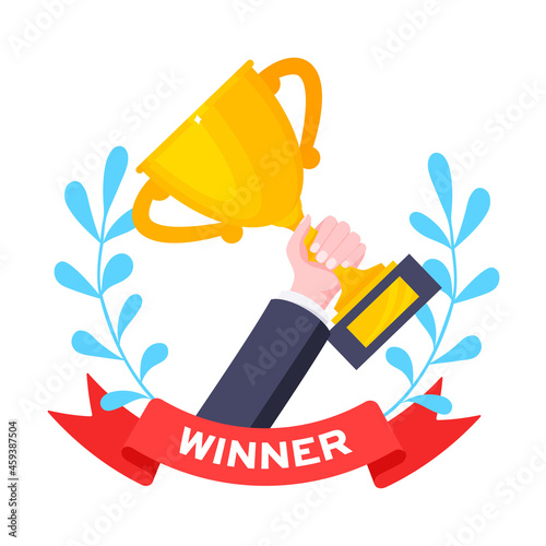 Best worker employee winner with trophy cup inside award ribbon and floral wreath flat style design vector illustration. Employee of the month, talent award, best worker competition prize.