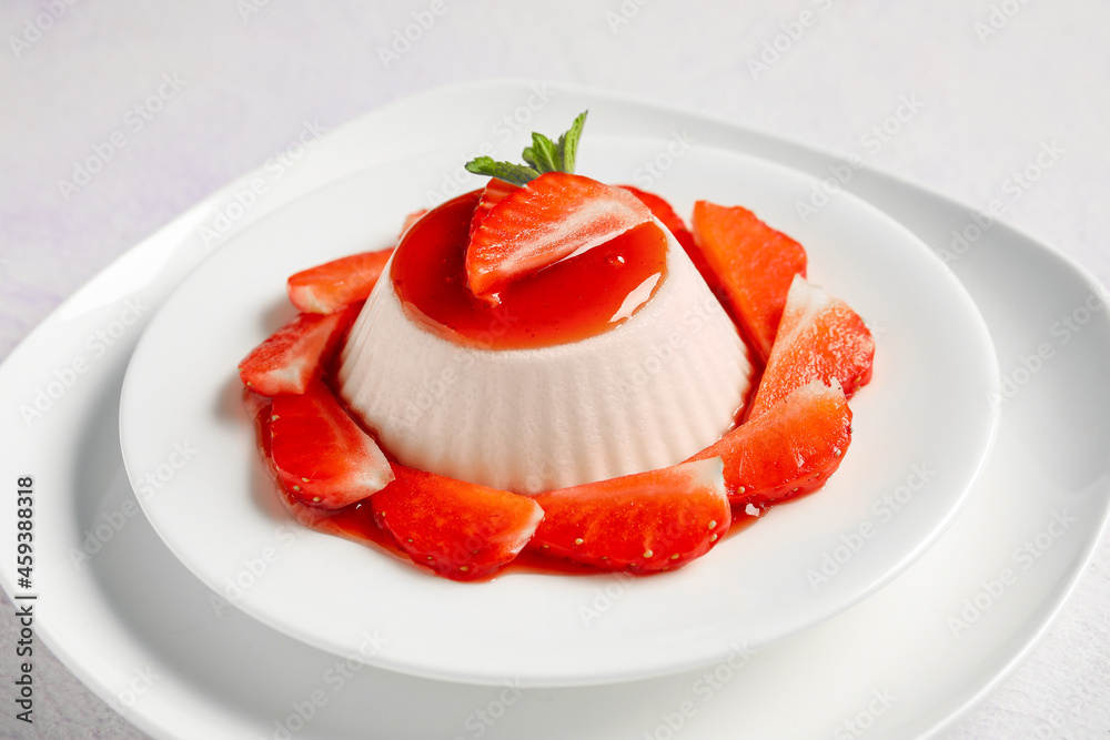 Plate with tasty strawberry panna cotta on white background, closeup Plate with tasty strawberry panna cotta on white background, closeup