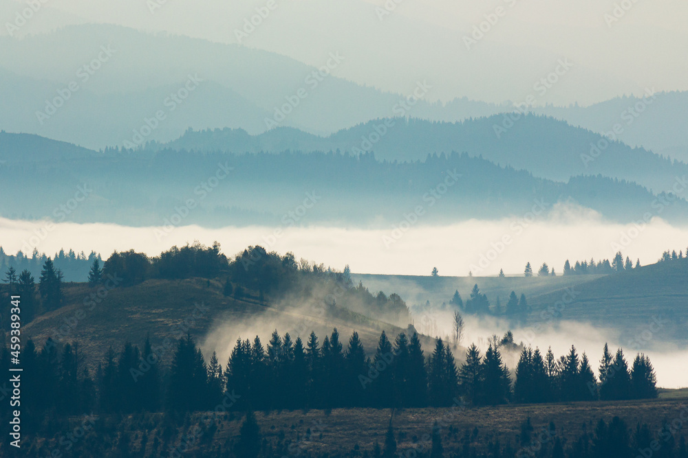 mountain landscape on a foggy morning. beautiful autumnal nature scenery