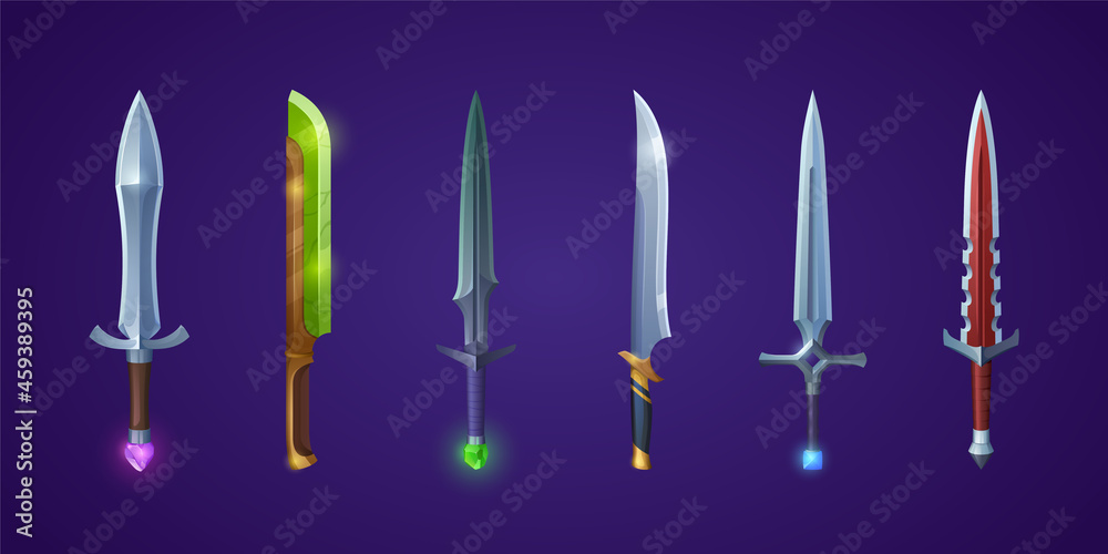 Set of magic swords, space laser futuristic or magical steel dagger and stiletto blades. Vector knight warrior decorated weapon, Ui design elements for computer game, isolated cartoon armor set Set of magic swords, space laser futuristic or magical steel dagger and stiletto blades. Vector knight warrior decorated weapon, Ui design elements for computer game, isolated cartoon armor set