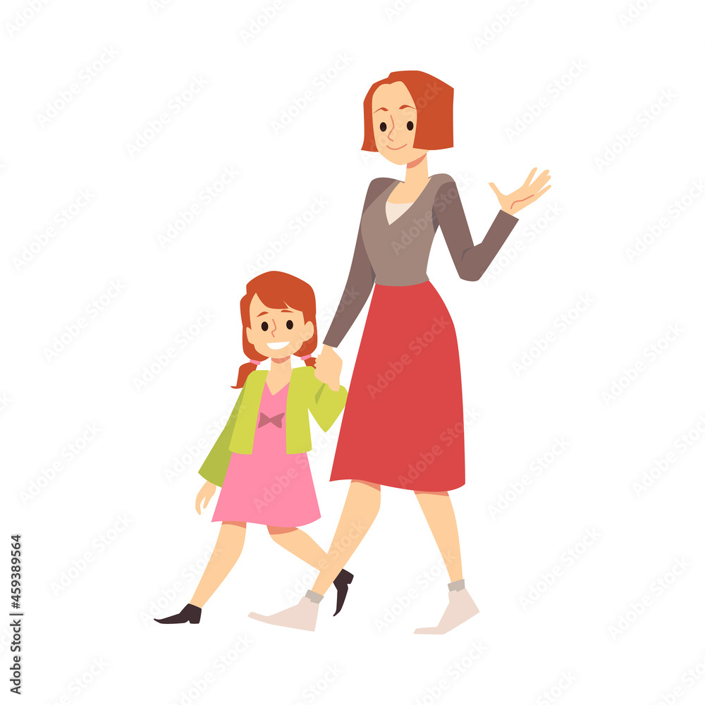 Smiling mother with little daughter walking together, talk and holding hands.