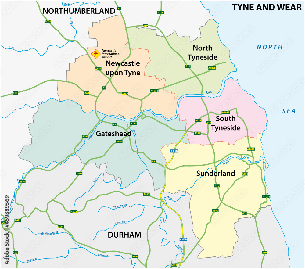 administrative and road vector map of the metropolitan county of Tyne and Wear, United Kingdom 