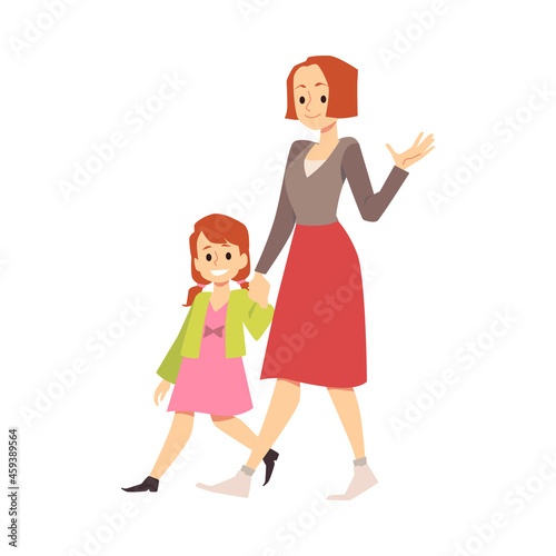 Smiling mother with little daughter walking together, talk and holding hands.