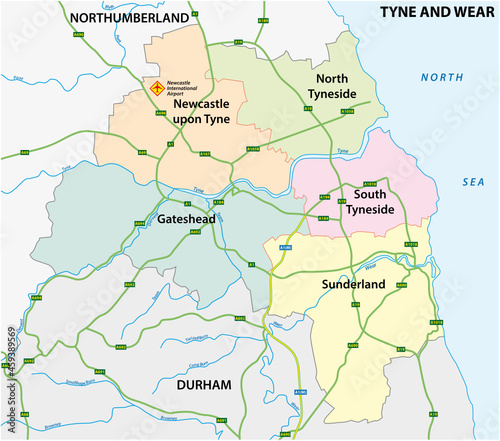 administrative and road vector map of the metropolitan county of Tyne and Wear, United Kingdom 