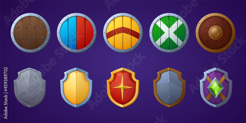 Set of game shields, cartoon fantasy medieval armor of metal and wood. Knight ammo, iron or wooden guard collection, ui design elements, military screens front view isolated vector icons, clipart