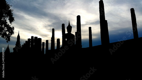 Silhouette of the historical park in Thailand at dusk.