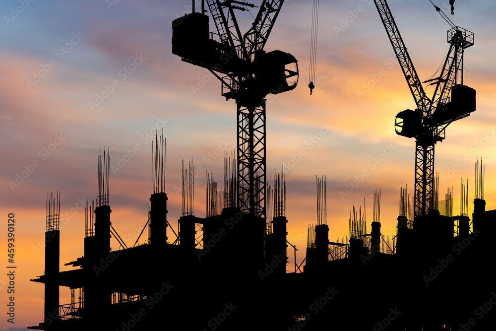 Silhouette of building site, Construction site at sunset in evening time