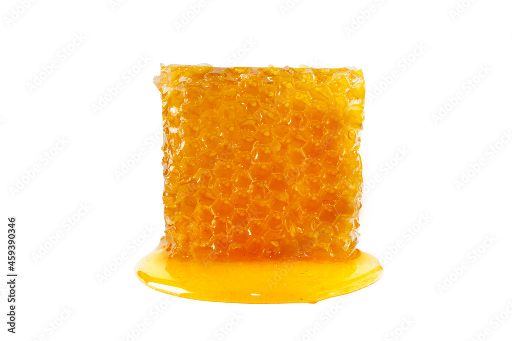 Sweet honey and honeycomb. Healthy organic honey and slice of honeycomb isolated on white background. Sweet healthy dessert. - obrazy, fototapety, plakaty 