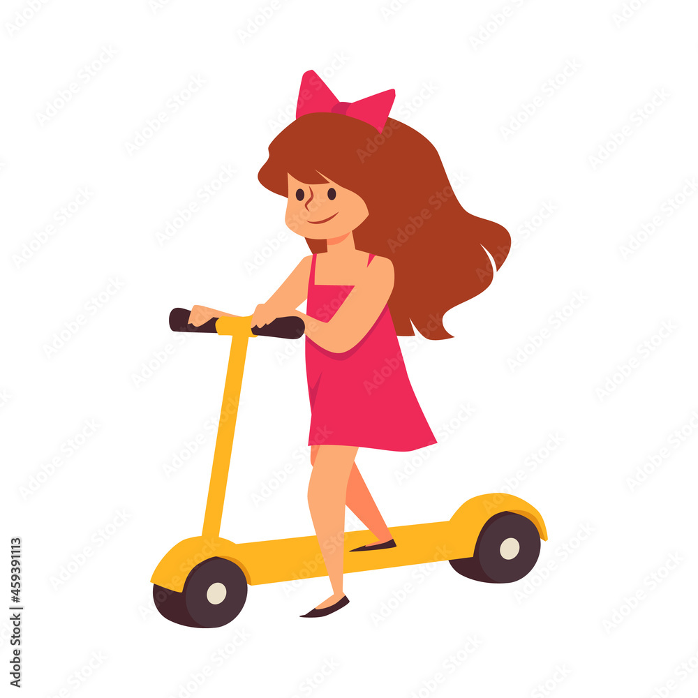 Happy pretty child girl riding kick scooter, flat vector illustration isolated. Happy pretty child girl riding kick scooter, flat vector illustration isolated.