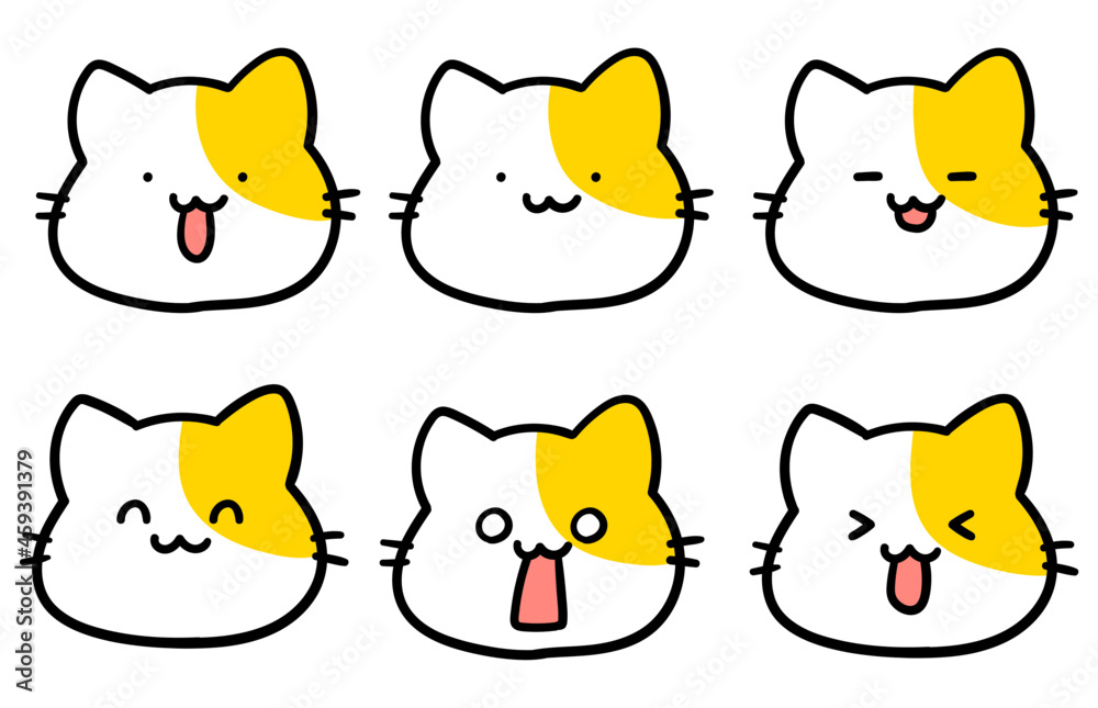 手書きのかわいいネコのキャラクターの顔イラストセット Stock ベクター Adobe Stock