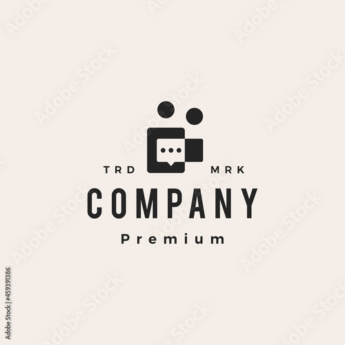 two people team chat talk family conference hipster vintage logo vector icon illustration