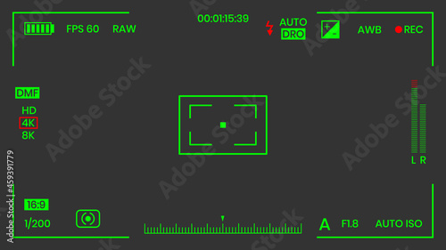 Camera viewfinder night vision video or photo frame recorder flat style design vector illustration. Digital camera viewfinder with exposure settings and focusing grid template.