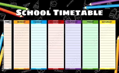School Timetable weekly, hand drawn sketch icons of school supplies, pencils on baclboard. Vector template schedule, cartoon style