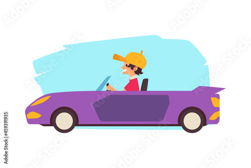 Child boy driving car flat cartoon vector illustration isolated on white.