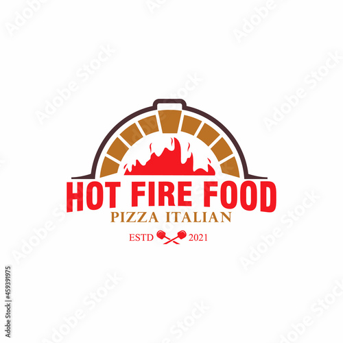 Firewood brick oven with shovel a, pizza logo design vector