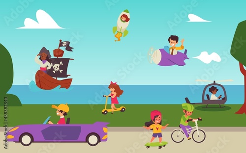 Banner with kids on land  marine and air transport  flat vector illustration.