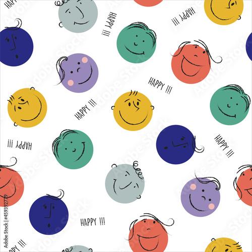 Round abstract comic Faces with various Emotions. Crayon drawing style. Different colorful characters. Cartoon style. Vector illustration seamless pattern with happy smile colorful. Flat design