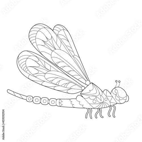 Contour linear illustration for coloring book with decorative cute dragonfly. Beautiful animal,  anti stress picture. Line art design for adult or kids  in zen-tangle style, tattoo and coloring page.