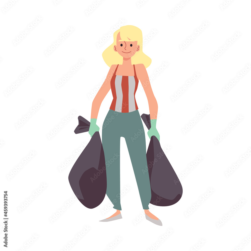 Young woman in gloves holding trash bags flat vector illustration isolated. Young woman in gloves holding trash bags flat vector illustration isolated.