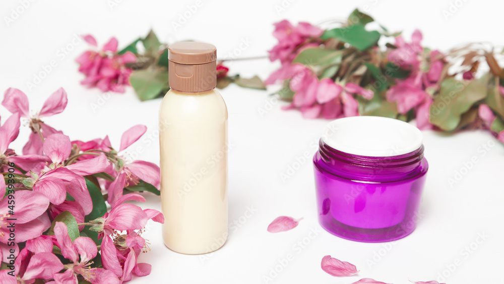 Face care moisturizer on white background, advertisement of cosmetology treatment for healthy skin.
