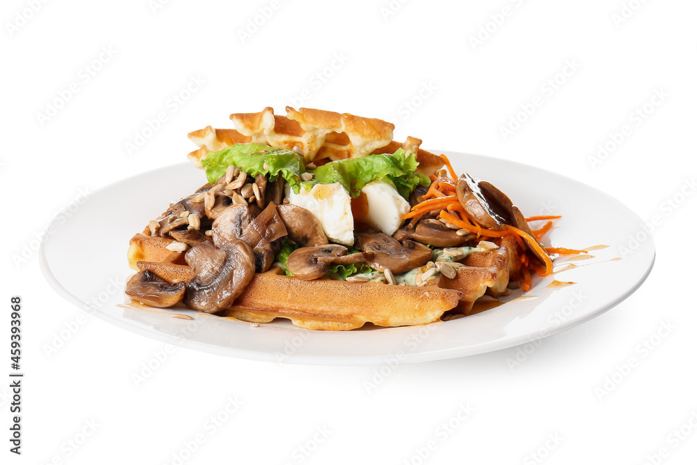 Delicious Belgian waffles with egg and vegetables on white background Delicious Belgian waffles with egg and vegetables on white background