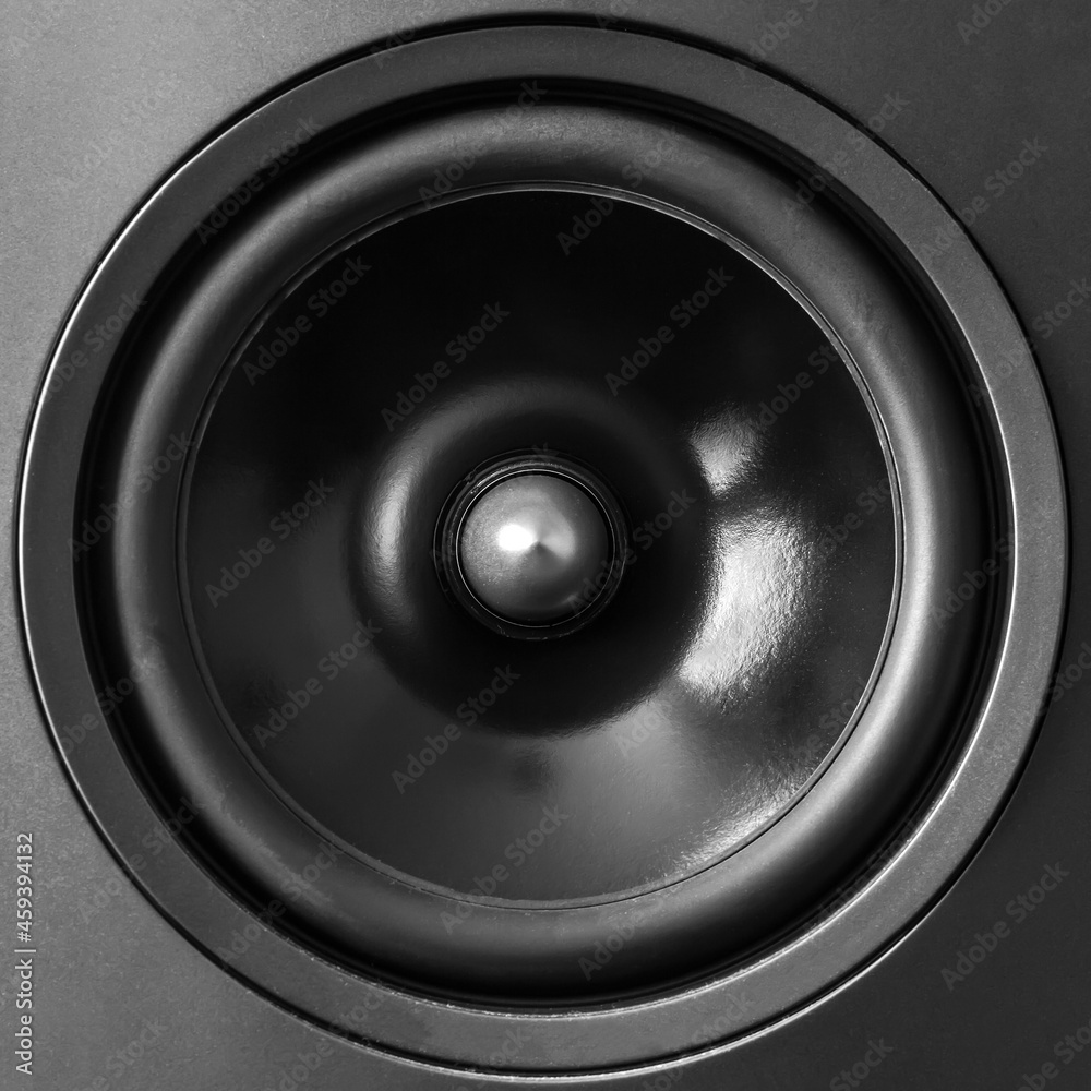 Acoustic broadband speaker. Square black and white image.