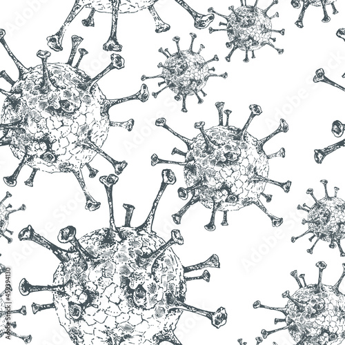 Vector seamless pattern - sketch of coronavirus covid-19 molecule, hand-drawn