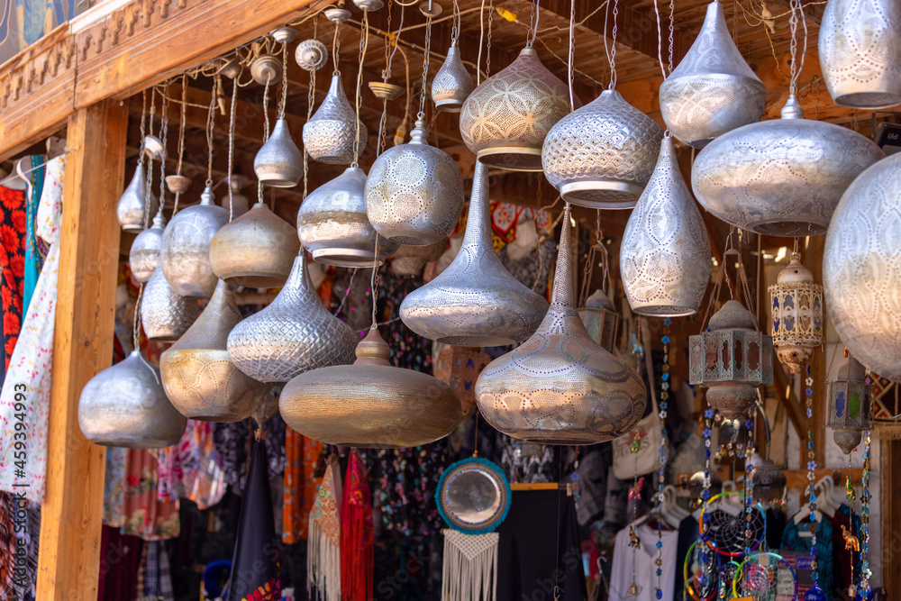 Decorative metal lamps in the shop on promenade with markets and restaurants, Dahab, Egypt