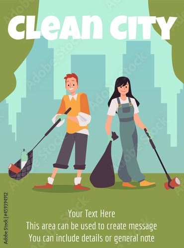 Clean city banner or poster with people volunteers, flat vector illustration.