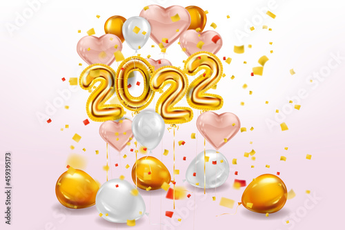 Happy New Year 2022 Gold balloons, stage studio. Golden foil numerals, pink hearts balloons with, confetti, ribbons, poster, banner. Vector realistic 3D illustration