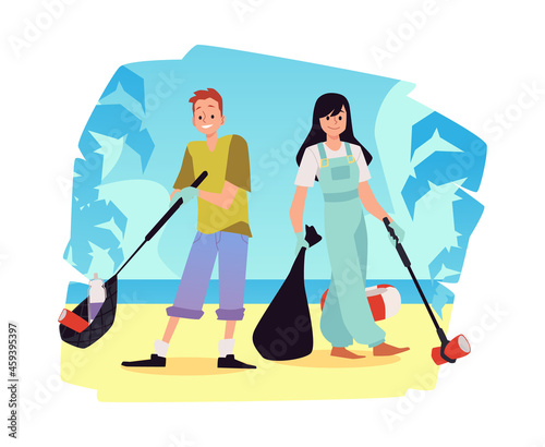 Coastal cleaning banner with volunteers on beach, flat vector illustration.
