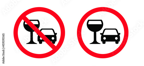 Stop,  don't drink and drive signboard. Car and glass pictogram or icon. Forbidden, no alcohol. Prohibiting sign, car and glass warning symbol. No driving and drinking.