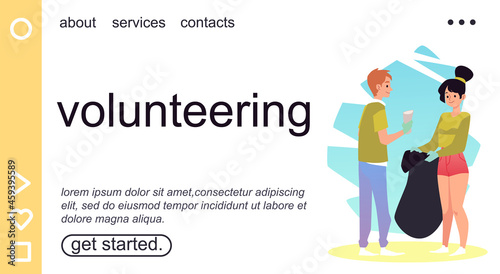 Volunteering web banner with ecologists collect garbage, vector illustration.
