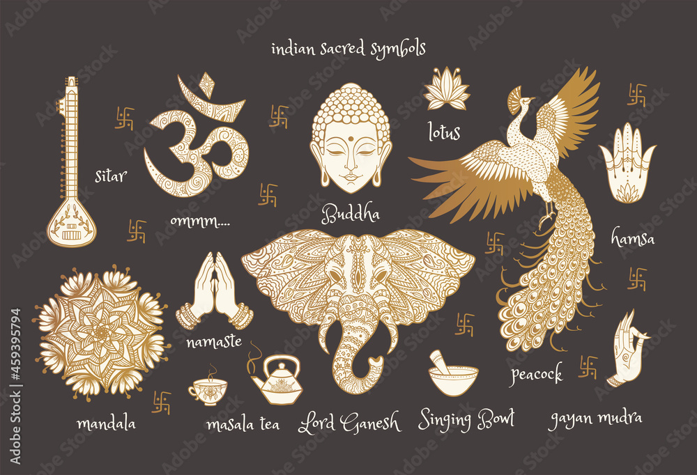 indian sacred symbols: Buddha, ganesha, peacock, sitar, namaste, mandala, hamsa, om, lotus - obrazy, fototapety, plakaty 