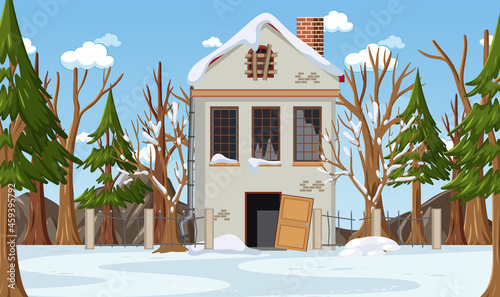 Winter season with abandoned house at daytime