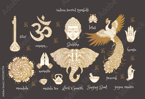 indian sacred symbols: Buddha, ganesha, peacock, sitar, namaste, mandala, hamsa, Poster Mural XXL