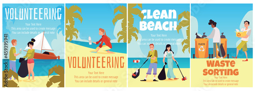 Volunteering cleaning up and waste sorting banners, flat vector illustration.