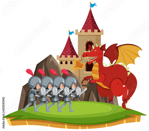 Knights fight with dragon at the castle