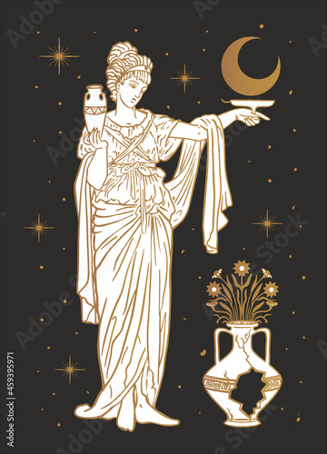 greek goddess with moon, mystical symbol, tarot cards