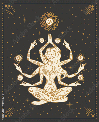 girl goddess with six arms and chakras in lotus pose among the stars, tarot cards, sacred, calm