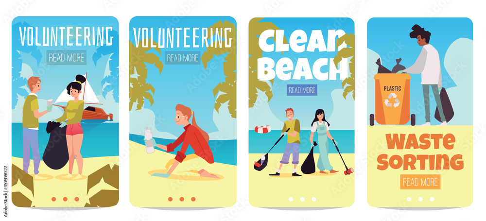 Set of mobile pages for volunteering eco cleaning up, flat vector illustration. Set of mobile pages for volunteering eco cleaning up, flat vector illustration.