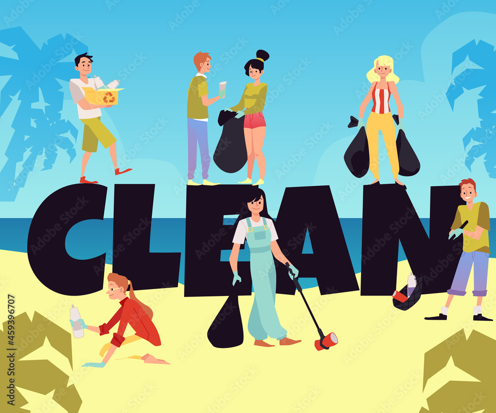 Cleanup volunteering environmental eco campaign banner, flat vector illustration.