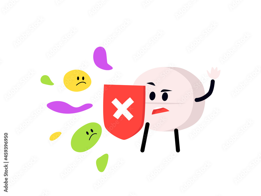 Cartoon medical pill or drug holding shield, flat vector illustration isolated. Cartoon medical pill or drug holding shield, flat vector illustration isolated.