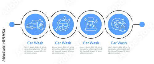 Car wash presentation design elements. Vehicle cleaning vector infographic template. Data visualization with four steps. Workflow layout with linear icons