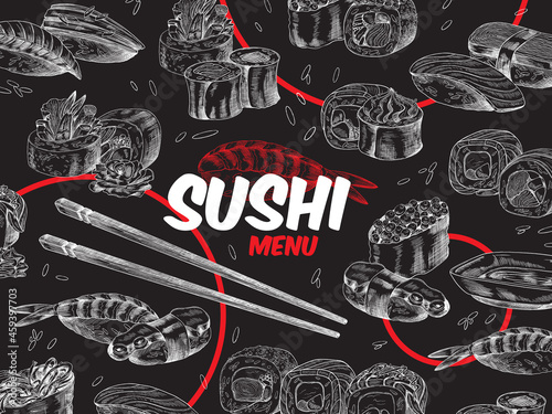 Concept for menu cover, banner, flyer of Japanese or asian restaurant in sketch