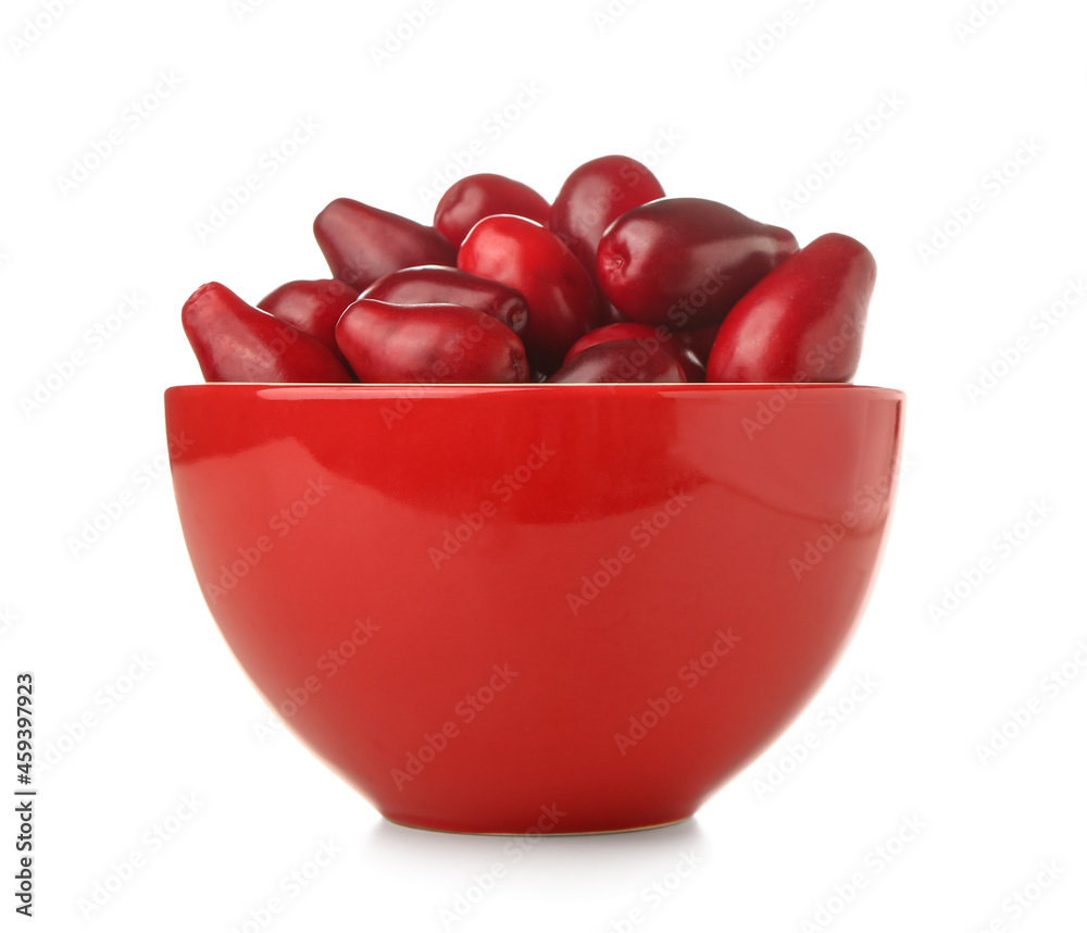 Bowl with ripe dogwood berries on white background Bowl with ripe dogwood berries on white background