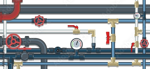 Pipeline. Water fittings. Various purposes. Pressure gauge for measurement. Supply pipeline cock. Illustration isolated on background vector