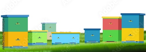 Apiary. Rural farm landscape with colorful bee hives. Lower bottom border. Close up. Isolated on white background. Beekeeper illustration with beehive. Vector