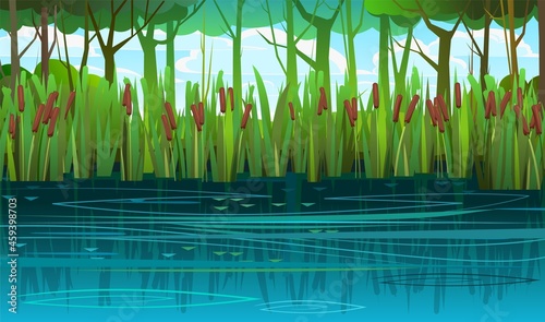 Summer swampy landscape. Flat style. Shore a quiet river or lake. Wild overgrown pond in the shadow backdrop of trees and bushes. Cloudy sky. Illustration vector photo