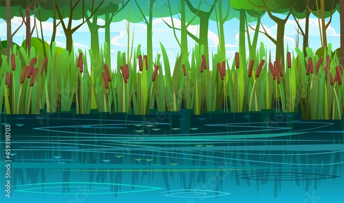 Summer swampy landscape. Flat style. Shore a quiet river or lake. Wild overgrown pond in the shadow backdrop of trees and bushes. Cloudy sky. Illustration vector